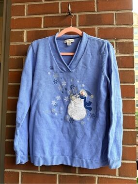 Christopher & Banks Light Blue V‑Neck Snowman Embroidered Sweater